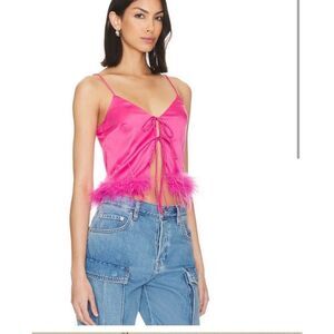 REVOLVE More To Come Moxi Crop Pink Satin Blouse Feather Top‎ Barbiecore Medium